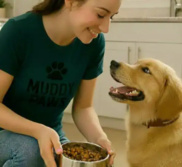 pet sitter feeding dog at pet sitting visit for Muddy Paws