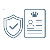 Dog wearing a security badge representing employment at Muddy Paws.